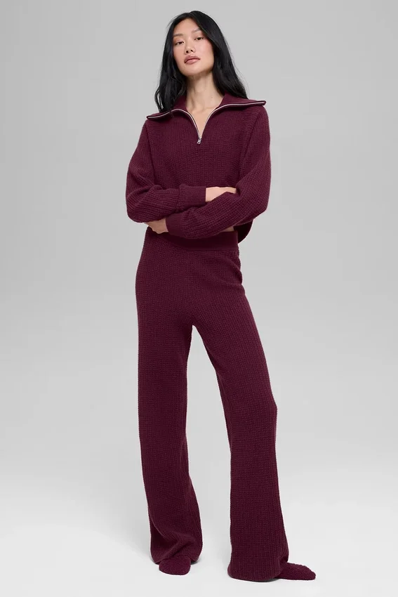 Kasjmier High-Waist pluche broek met wafelstructuur - Bordeauxrood