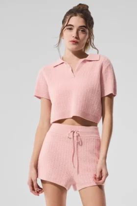Kasjmier pluche wafelpolo - Roze kwarts