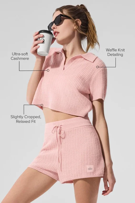 Kasjmier pluche wafelpolo - Roze kwarts