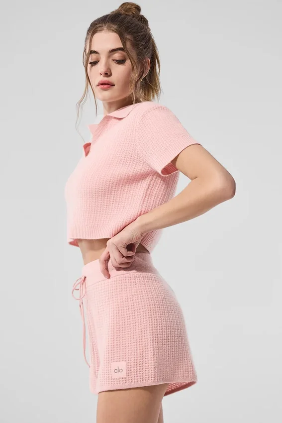 Kasjmier pluche wafelpolo - Roze kwarts