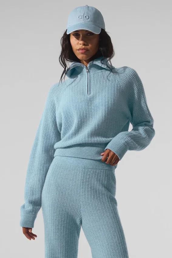 Kasjmier Plush Waffle-trui met 1/4 rits - Celestial Blue Heather