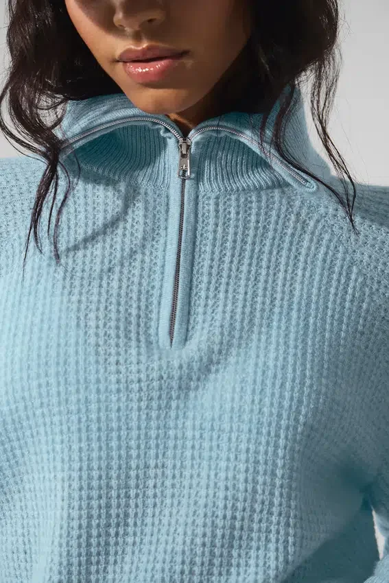 Kasjmier Plush Waffle-trui met 1/4 rits - Celestial Blue Heather