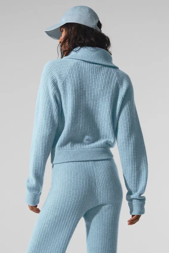 Kasjmier Plush Waffle-trui met 1/4 rits - Celestial Blue Heather