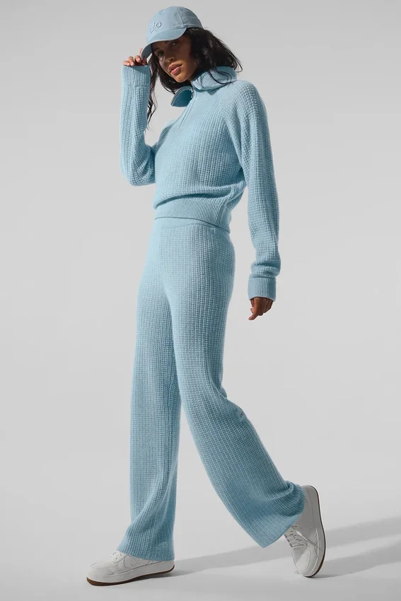 Kasjmier Plush Waffle-trui met 1/4 rits - Celestial Blue Heather