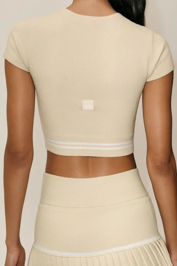Katoen-kasjmier My Serve met korte mouwen - zandbeige/wit