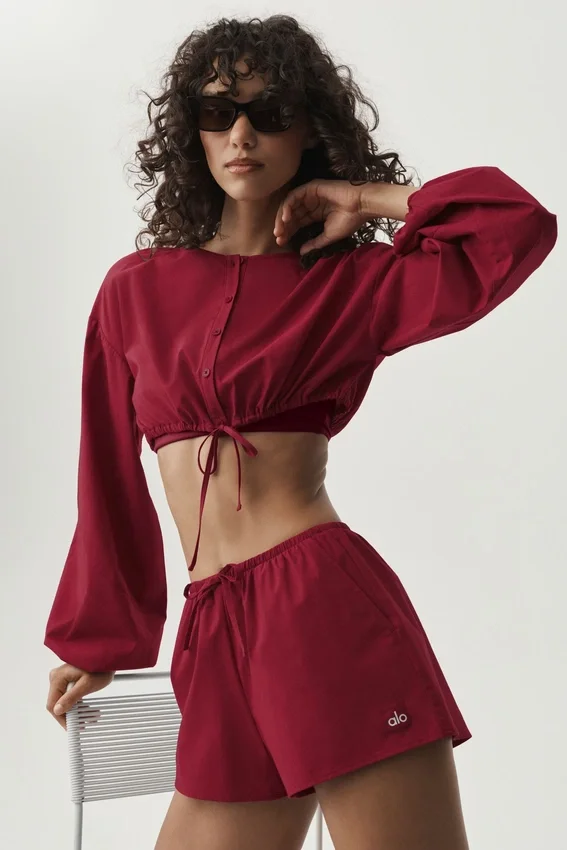 Katoenen cropped Real Deal-shirt met lange mouwen – Summer Romance Red