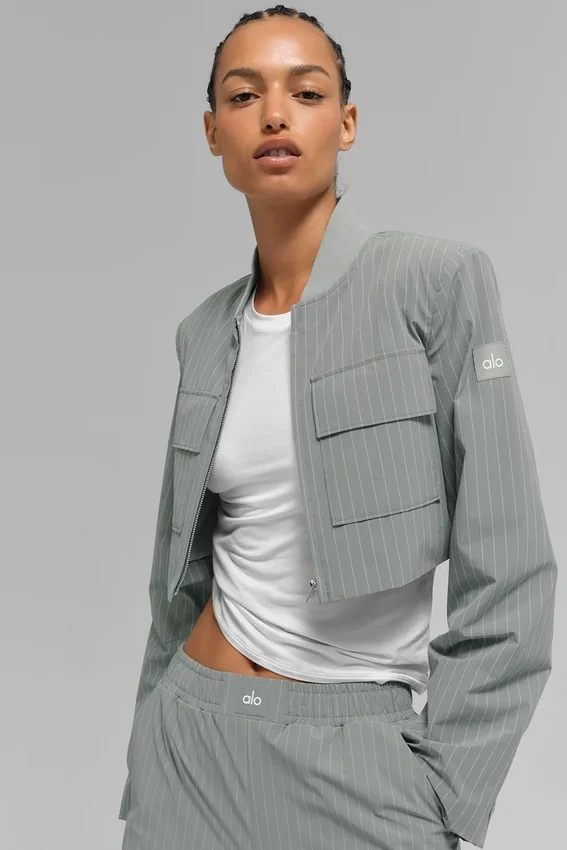 Kort Main Character-jack met ritssluiting en krijtstreep - Lunar Grey/White