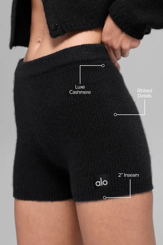 Korte broek van geribd wol en kasjmier - Zwart