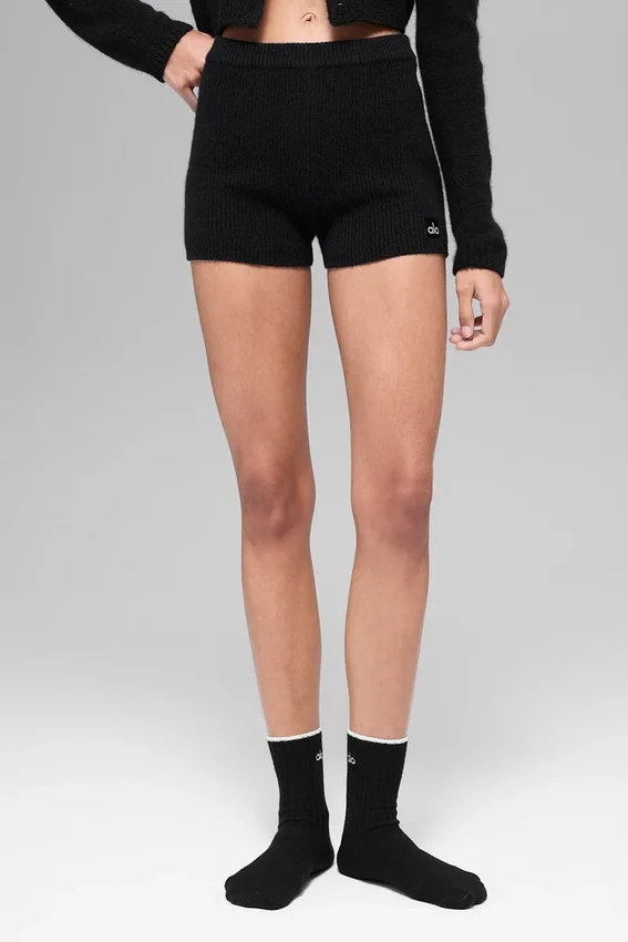Korte broek van geribd wol en kasjmier - Zwart