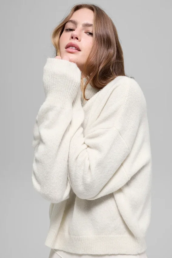 Korte New Class-trui met col van wol en kasjmier - ivoor