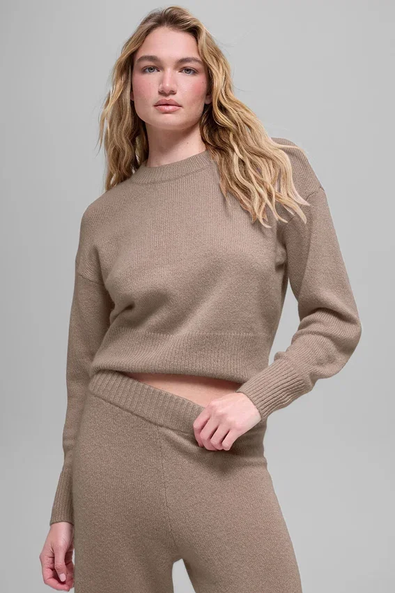 Korte New Class-trui met ronde hals van wol en kasjmier - Chai Latte