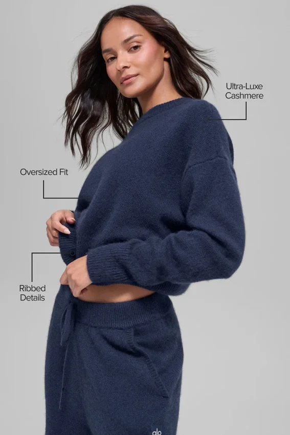 Korte New Class-trui met ronde hals van wol en kasjmier - Navy