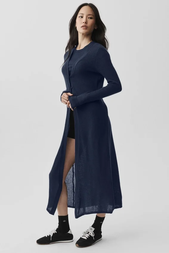 Lang, doorschijnend kasjmier vest - marineblauw