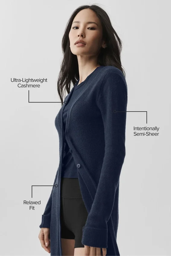 Lang, doorschijnend kasjmier vest - marineblauw