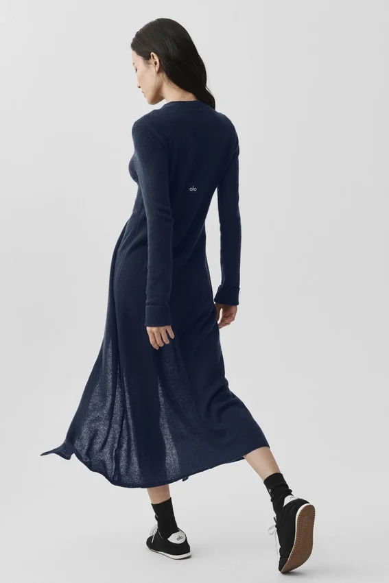 Lang, doorschijnend kasjmier vest - marineblauw