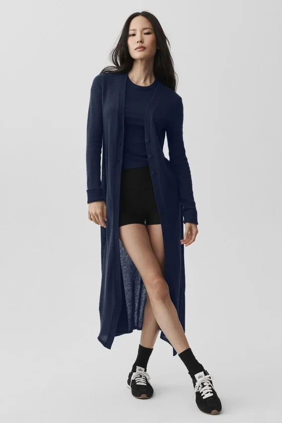Lang, doorschijnend kasjmier vest - marineblauw