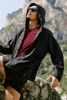 Linen Days Hoodie met knopen - Zwart
