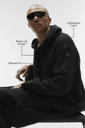 Linen Days Hoodie met knopen – Zwart