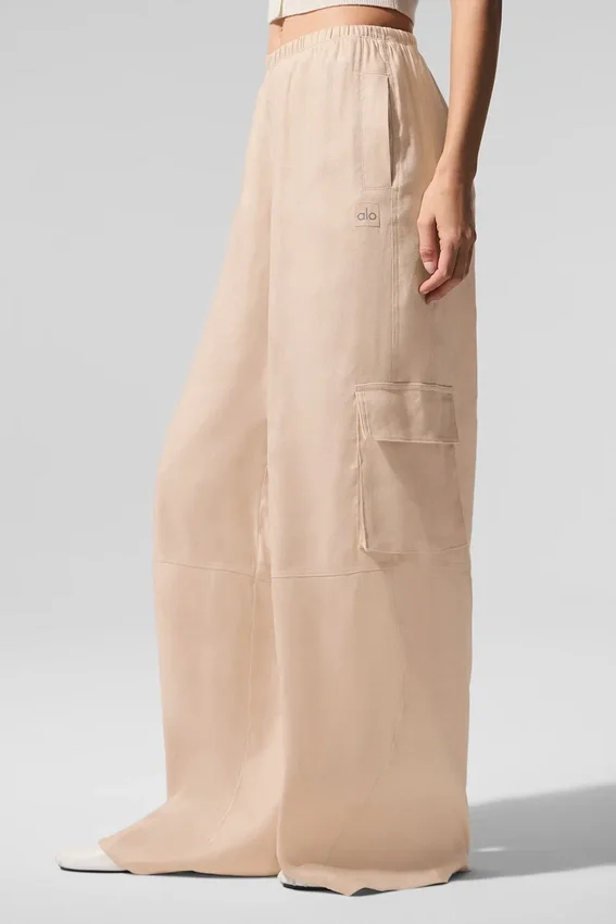 Linen Getaway Cargo-broek met wijde pijpen - Macadamia