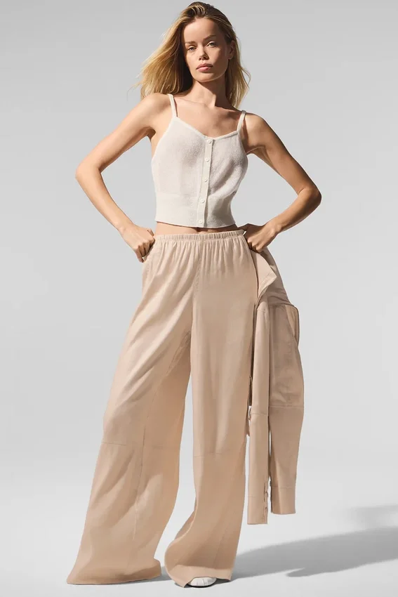 Linen Getaway Cargo-broek met wijde pijpen - Macadamia