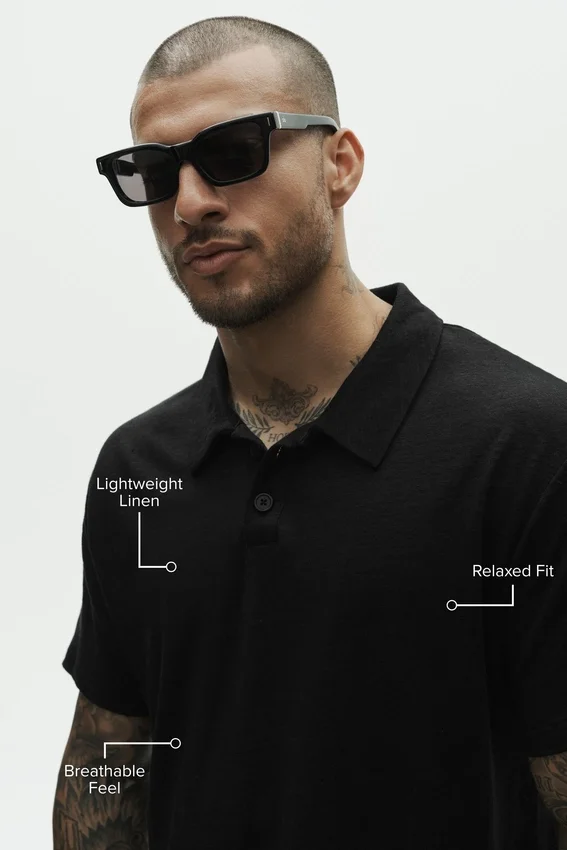 Linnen jersey Coastal-polo met korte mouwen – Zwart