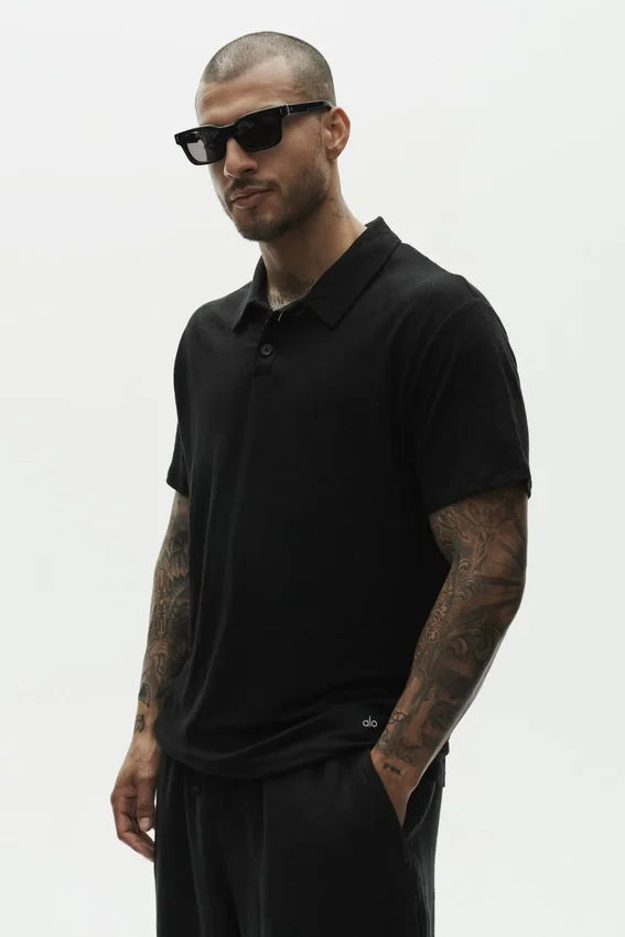 Linnen jersey Coastal-polo met korte mouwen – Zwart