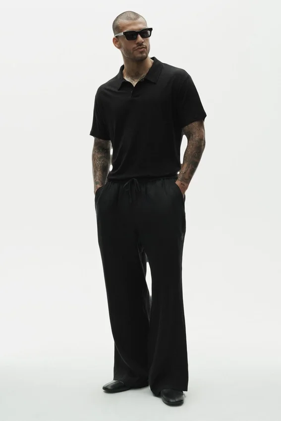 Linnen jersey Coastal-polo met korte mouwen – Zwart
