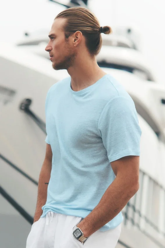 Linnen jersey T-shirt met korte mouwen in kuststijl - Seaside Blue