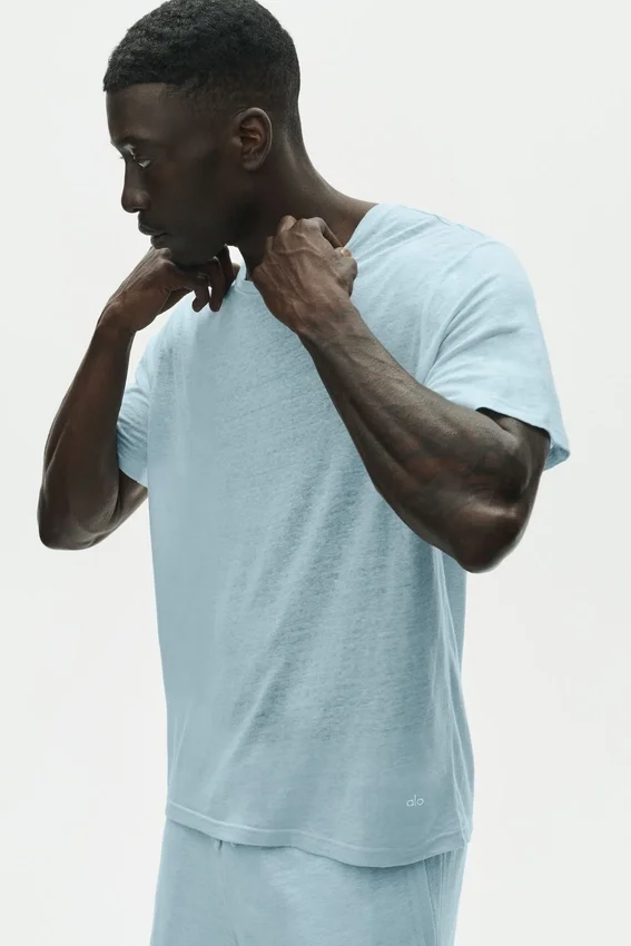 Linnen jersey T-shirt met korte mouwen in kuststijl - Seaside Blue