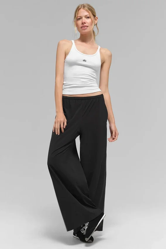 Luchtige broek met wijde pijpen (Regular) - Zwart