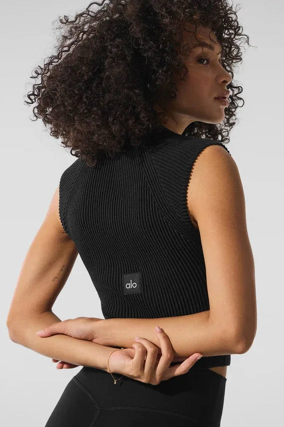 Mouwloze top van denim-breisel met doorlopende rits – Zwart/antraciet