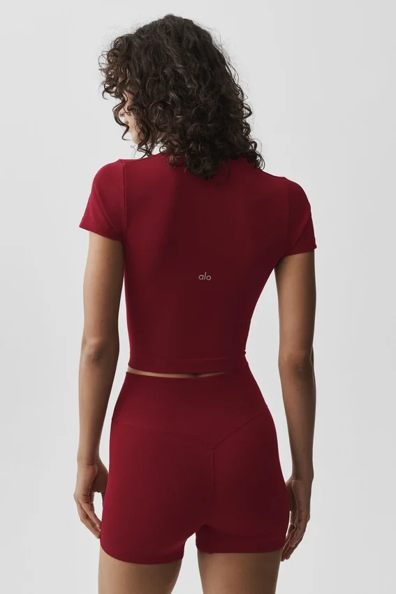 Naadloos geribbeld modal T-shirt met korte mouwen – Summer Romance Red