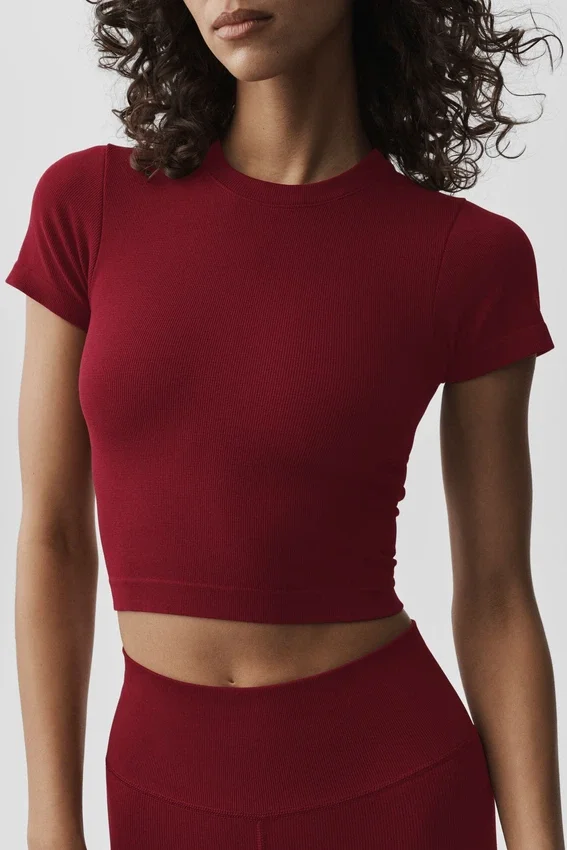 Naadloos geribbeld modal T-shirt met korte mouwen – Summer Romance Red