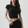 Naadloos geribbeld modal T-shirt met korte mouwen – Zwart