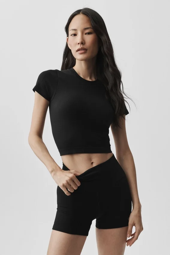 Naadloos geribbeld modal T-shirt met korte mouwen – Zwart