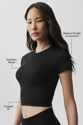 Naadloos geribbeld modal T-shirt met korte mouwen – Zwart