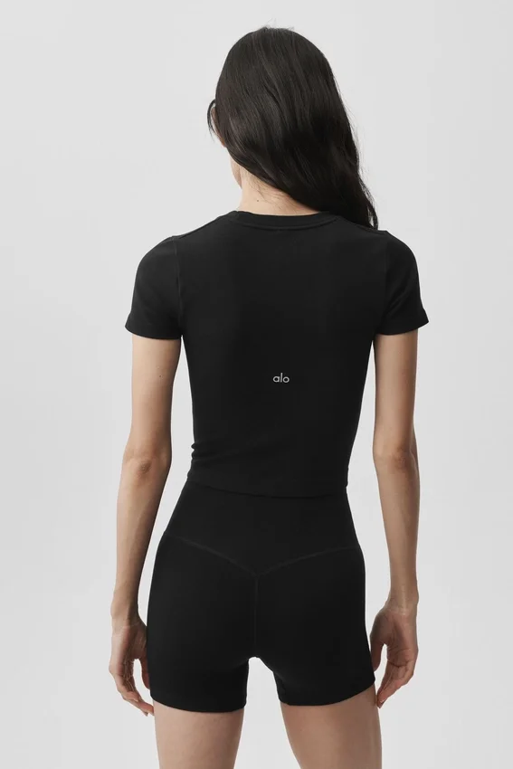 Naadloos geribbeld modal T-shirt met korte mouwen – Zwart
