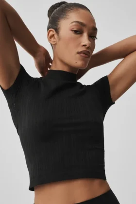 Naadloos Pointelle-shirt met hoge kraag en korte mouwen - Zwart