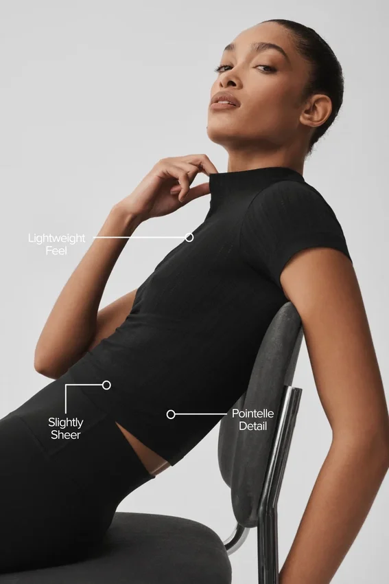 Naadloos Pointelle-shirt met hoge kraag en korte mouwen - Zwart