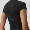 Naadloos Pointelle-shirt met hoge kraag en korte mouwen - Zwart