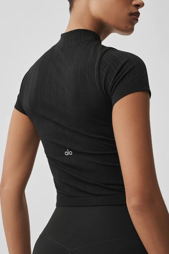 Naadloos Pointelle-shirt met hoge kraag en korte mouwen - Zwart