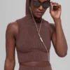 Naadloos tweekleurig geribbeld gilet met capuchon - Brownstone Heather