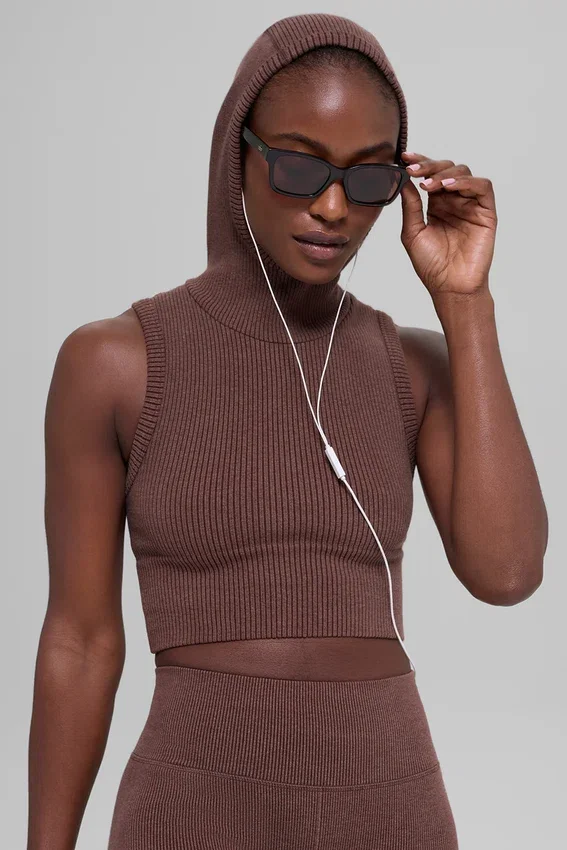 Naadloos tweekleurig geribbeld gilet met capuchon - Brownstone Heather