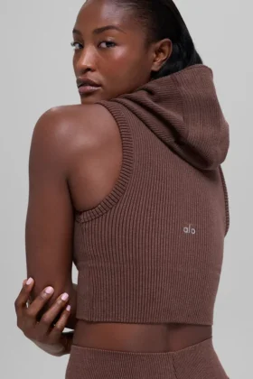 Naadloos tweekleurig geribbeld gilet met capuchon – Brownstone Heather