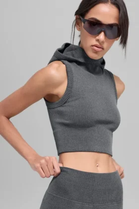 Naadloos tweekleurig geribbeld gilet met capuchon - Dark Misty Grey Heather