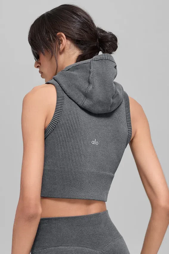 Naadloos tweekleurig geribbeld gilet met capuchon - Dark Misty Grey Heather