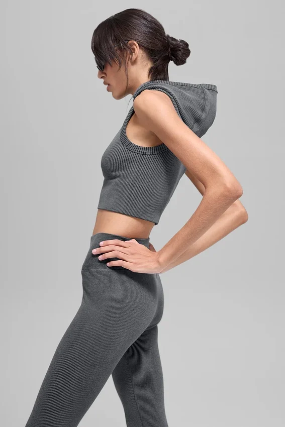 Naadloos tweekleurig geribbeld gilet met capuchon - Dark Misty Grey Heather