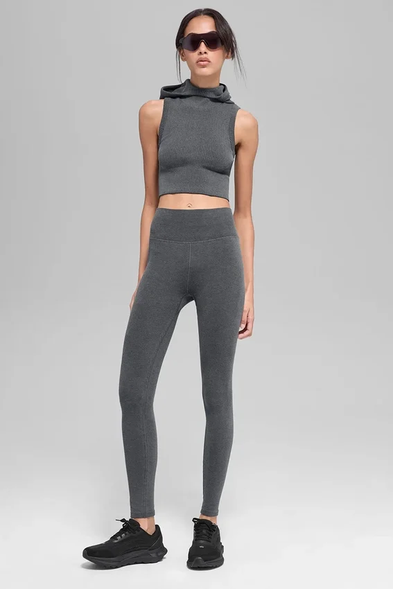 Naadloos tweekleurig geribbeld gilet met capuchon - Dark Misty Grey Heather