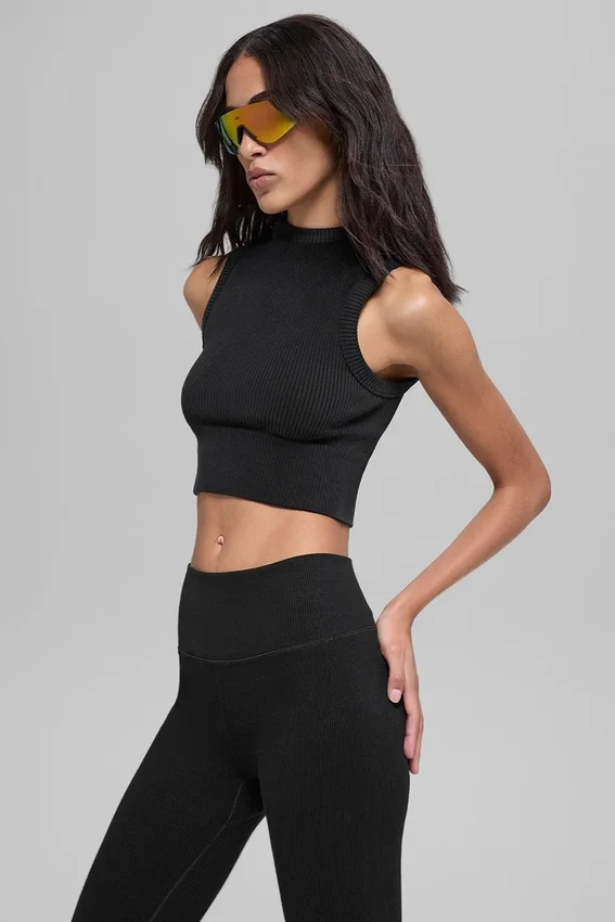 Naadloos tweekleurig geribbeld gilet met capuchon - Zwart