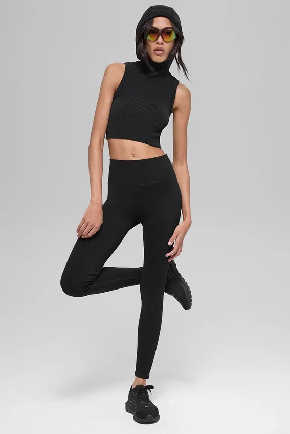 Naadloos tweekleurig geribbeld gilet met capuchon - Zwart